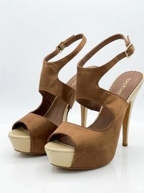 BEBE Bronze Satin Platform Stiletto Sandals Strappy Heels Brown Size9